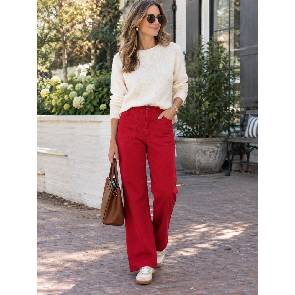 Ann Mashburn Wide Leg Pants Womens 28 Red Denim Flare Jeans